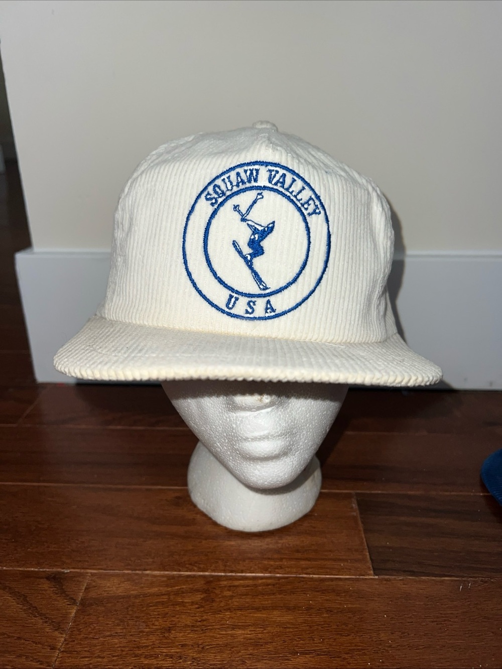 Vintage Squaw Valley Corduroy SnapBack Hat Cap White With Blue Lettering